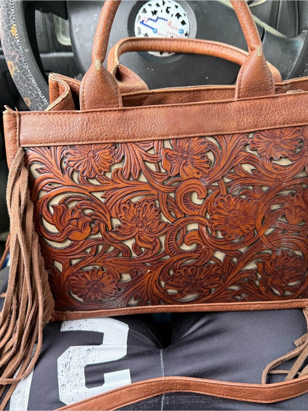 Hand-Tooled Floral Leather Shoulder Bag - Brown
